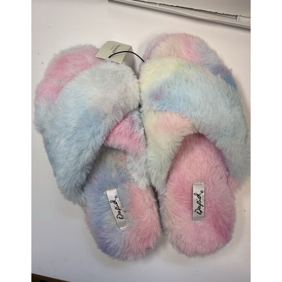 Qupid Pastel Rainbow Fuzzy Slip On Slippers Sz 6 New - Picture 2 of 6